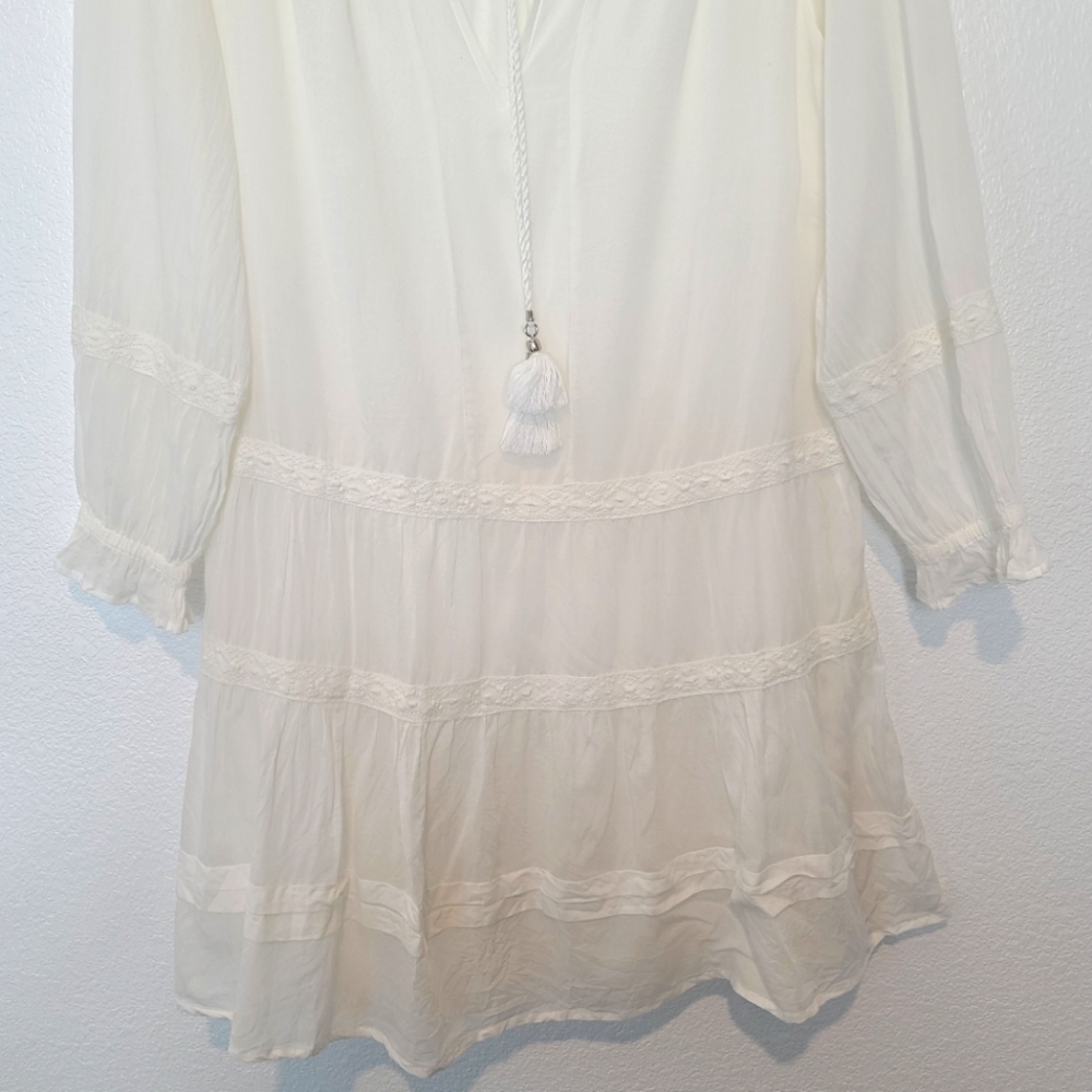 PAIGE Jaslene Long Sleeve Tassels Tiered Mini Dress In White Size Small - Picture 8 of 14
